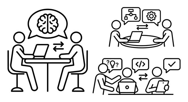 Software engineering development, brain storming and business team communication line icon set
