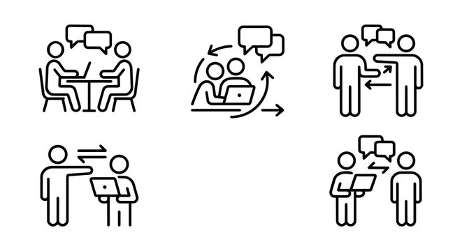 Business teamwork, laptop communication and agile workflow process line icon set