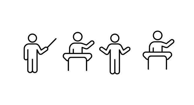 Business speaker, presenter, and teacher gesture line icon set. Lecturer posing variants on podium and presenting with pointer stick vector illustration.