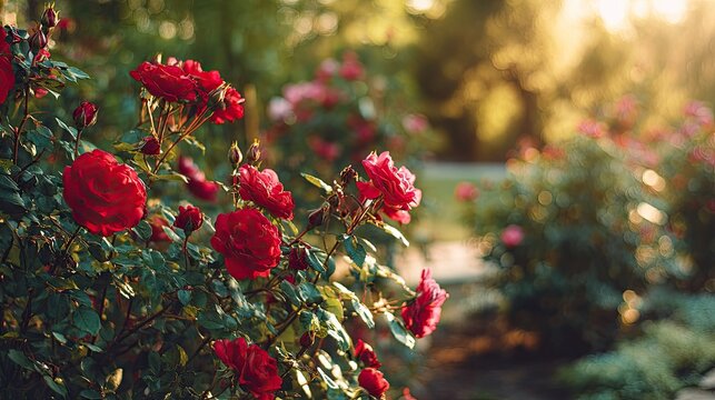 Lush red roses bloom in a sun-drenched garden, soft light filtering through leaves