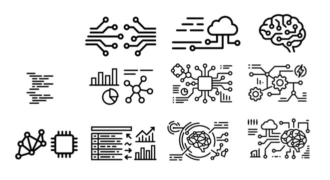 AI technology, neural network brain, big data analytics, and cloud computing line icon set. Artificial intelligence, microchip circuit, and tech automation concept vector illustration.
