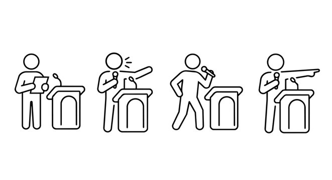 Public speaker, politician debate, and lecturer speech gesture line icon set. Speaker holding microphone on podium presenting or pointing variant poses vector illustration.