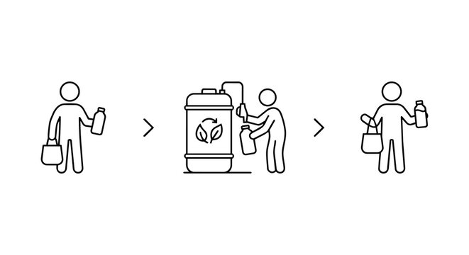 Zero waste refill station process and eco friendly shopping steps line icon set. Customer filling reusable bottle at eco dispenser vector illustration.
