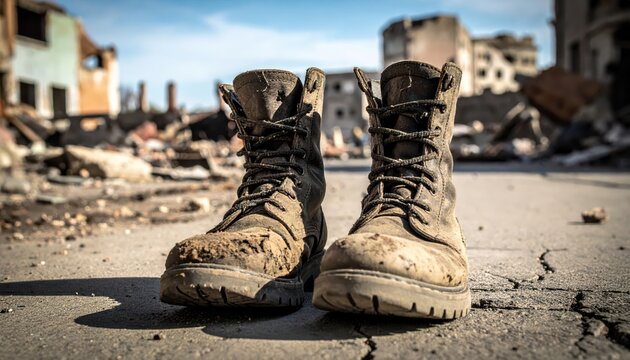 Weathered combat boots caked in dried mud and heavily scuffed, standing empty amidst urban destruction and debris