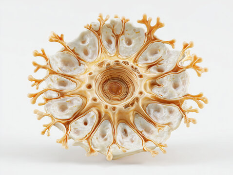 Renal corpuscle glomerulus radial cross section showing capillary tuft architecture in warm amber gold tones on white background