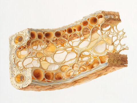 Cavernous vascular tissue cross section showing sinusoid channels and trabecular network in warm amber gold tones on white background