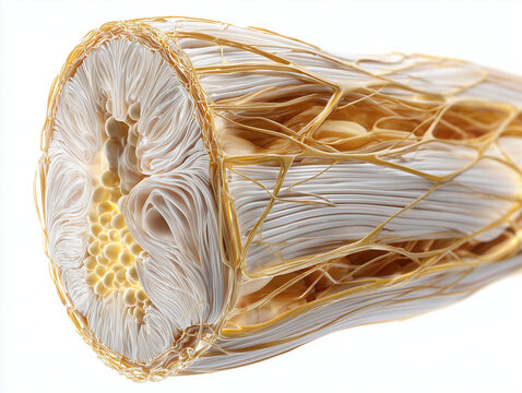Nerve fiber bundle cylinder cross section showing fascicle and connective sheath architecture in warm amber gold tones on white background