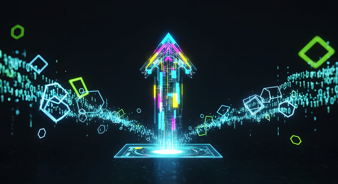 Futuristic holographic arrow pointing up with glowing data stream and binary code concept