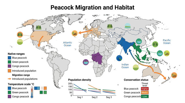 Peacock migration, habitat map, conservation status, population density, wildlife infographic