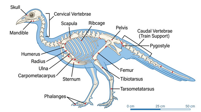 Bird skeleton, labeled anatomy diagram, educational illustration, veterinary medicine, zoology, bird bones structure