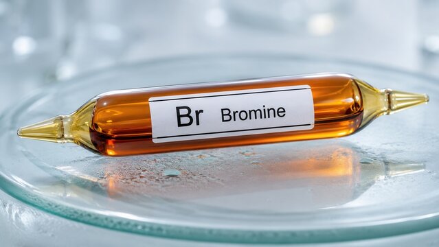 Bromine in a laboratory setting displayed in a sealed glass vial on a lab surface surrounded by scientific equipment and glassware to show chemical properties