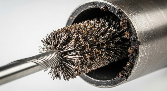Brush tool inside metal tube showing bristles and debris accumulation from cleaning process. Brush tool is designed for precision cleaning and maintenance tasks in mechanical applications.