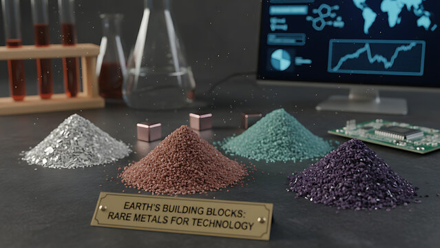 Assorted heaps of precious rare earth minerals extracted from an open-pit mine, showcasing industrial diversity and geological importance for sustainable modern technology and manufacturing.