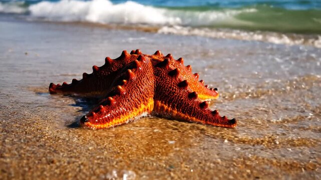 Red starfish on sandy beach with ocean waves in soft natural light