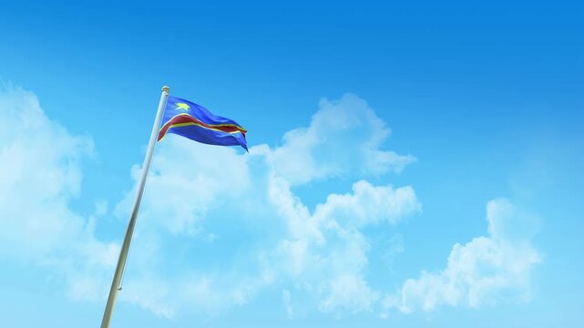 Congo Democratic Republic of the Flag 3D Render Animation on Pole with Blue Sky and Clouds - Low Angle View
