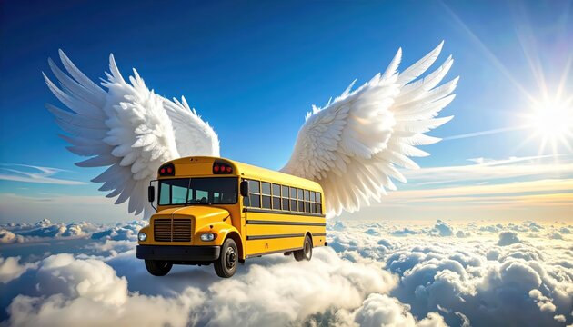 A classic yellow school bus with large feathered angel wings soaring through a bright blue sky above clouds