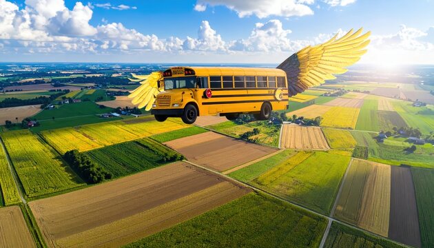 A classic yellow school bus with large feathered wings soaring gracefully over picturesque agricultural fields and distant towns under a bright sky.