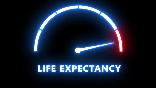 Life expectancy gauge animation: neon speedometer style indicator for health and longevity data