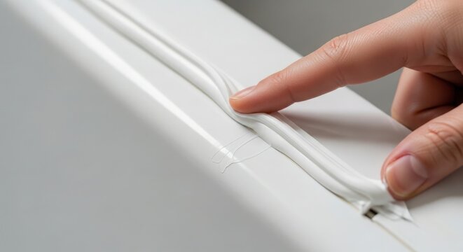 Seam sealing process with hand pressing silicone sealant into joint for better waterproofing. Seam sealing improves durability and protection in construction projects.