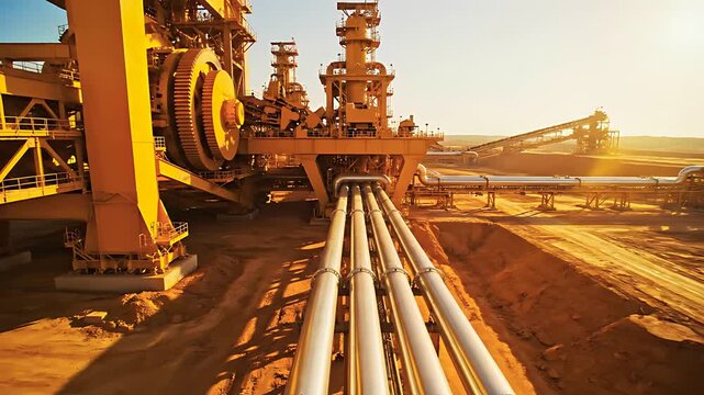 Steel pipelines leading to heavy machinery in a mining facility at sunset. Large metal gears and industrial infrastructure at a processing plant. Resource production and energy concept.