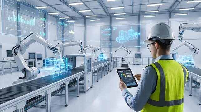 Modern Factory Automation with Robotic Arms and Human Supervisor.