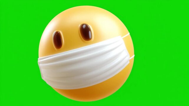 Cute Emoticon Wearing Protective Safety Mask on Empty Green Screen Background, Animated Emoji Character for Chroma Key Video, Health Awareness, Hygiene and Educational Content