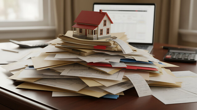 Miniature wooden toy home perched on top of high stacks of legal document paperwork representing the complex financial process of real estate mortgage tax insurance and property ownership.