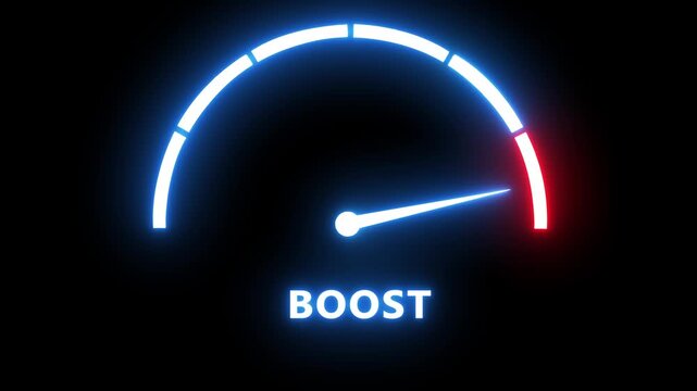 Neon boost speedometer gauge animation: high-performance acceleration and performance indicator