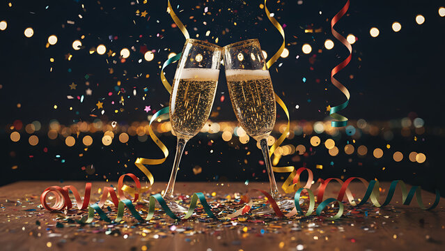 Two elegant crystal flutes filled with sparkling champagne beverage amidst golden confetti glitter serpentine streamers and glowing bokeh lights for festive night celebration event luxury concept