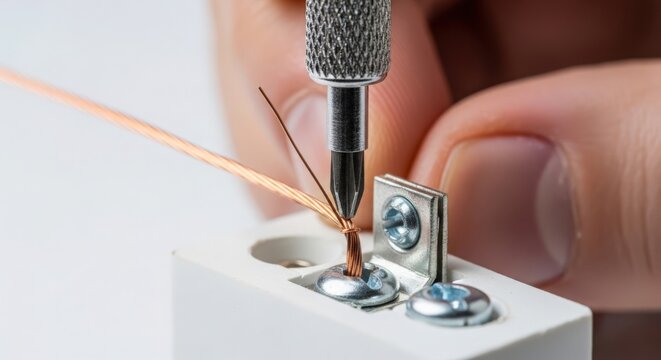 Precision wiring process with copper wire being attached to terminals using a specialized tool. Wiring method showcases efficient connection for electronic components.