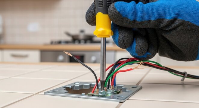 Hand holding screwdriver working on electrical wiring of outlet in kitchen setting. Kitchen features tools and equipment including wires in different colors for repair.