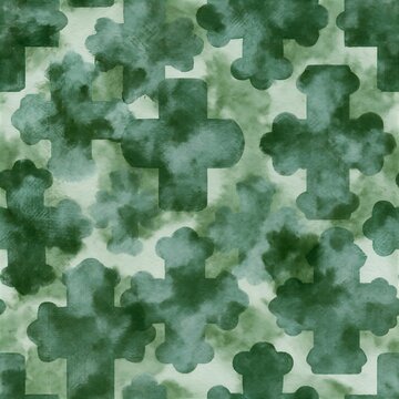 Green watercolor seamless pattern with Armenian khachkar shapes