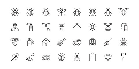 Pest control and insect management line icon set featuring bugs, spray bottles, and protection symbols. © MdMojinur