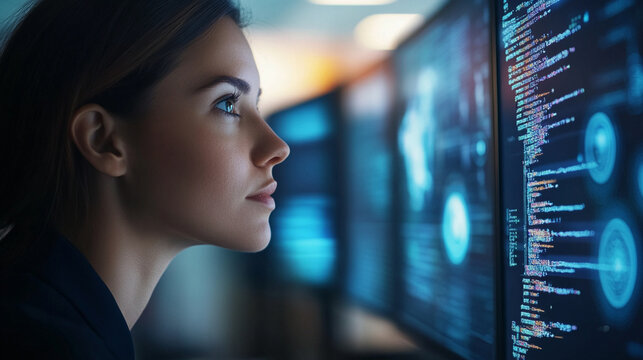 Close-up of female artificial intelligence engineer working with code and data visualization on multiple monitors, modern tech office, innovation concept, realistic stock photograp