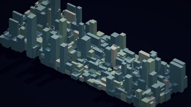 Mesmerizing 4K UHD loop of a glowing orange futuristic linear city skyline of procedural towers and data-blocks assembling from light in crisp volumetric detail.