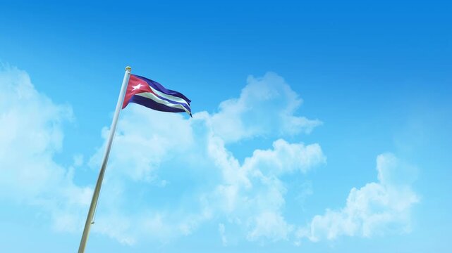 Cuba Flag 3D Render Animation on Pole with Blue Sky and Clouds - Low Angle View