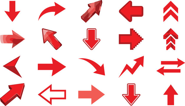 Collection of sixteen red arrows in modern 3D, gradient, and pixel styles arranged in a creative 4x4 grid design