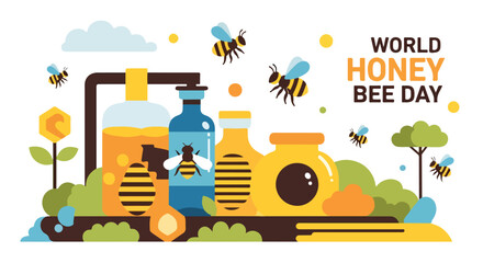 Colorful illustration of honey bottles and bees © Yakina