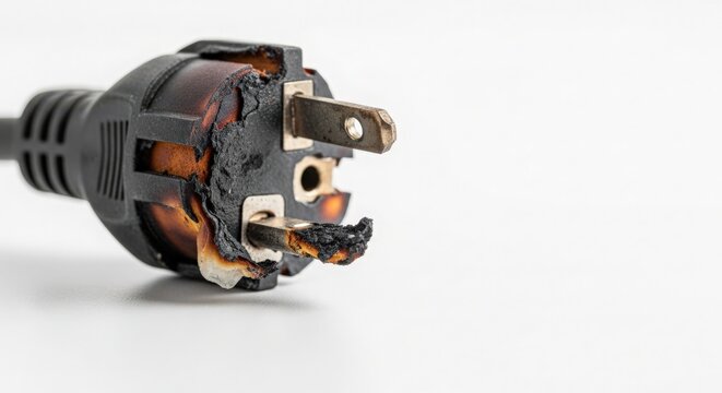 Damaged electrical plug with burnt and charred sections showing exposed metal conductors, highlighting safety hazards and electrical risks related to faulty wiring.