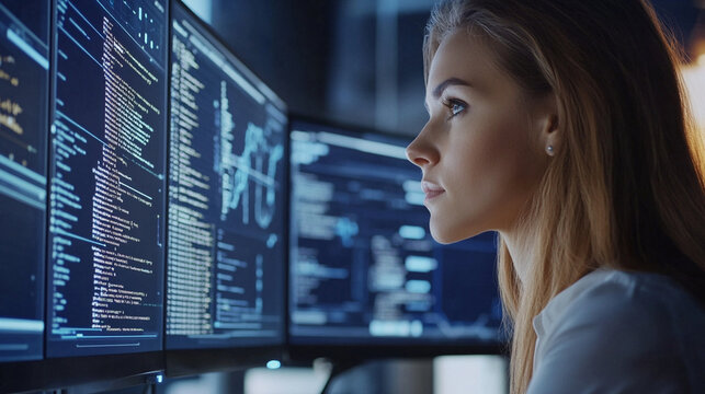 Close-up of female artificial intelligence engineer working with code and data visualization on multiple monitors, modern tech office, innovation concept, realistic stock photograp