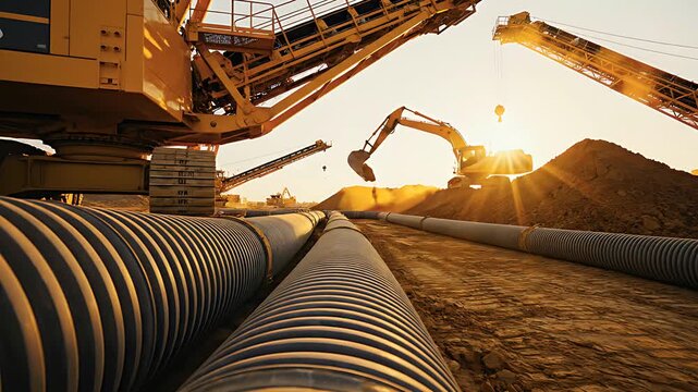Large corrugated pipes line a dusty construction site with heavy machinery. An excavator works on an earth mound during a vibrant golden hour sunset. Civil engineering infrastructure concept.