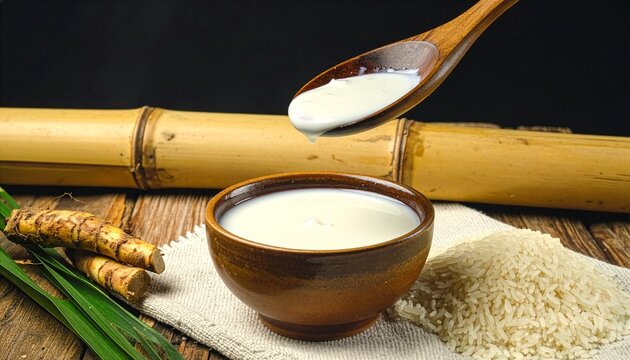 Part of Nusantara Harvest, Wooden spoon pouring creamy white beras kencur herbal tonic into ceramic bowl with raw rice grains and aromatic galangal roots on rustic wooden table with bamboo background.