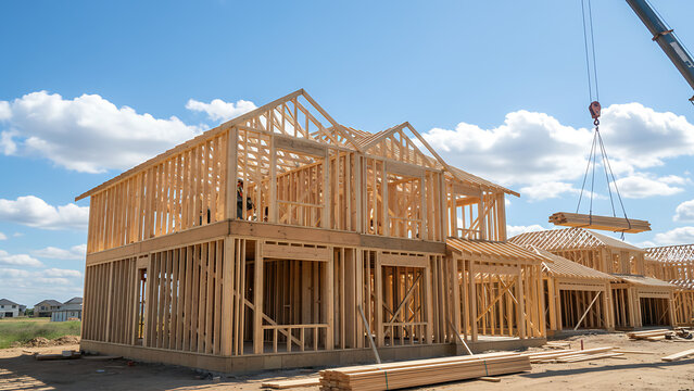 Elegant timber framework of a modern residential dwelling rising against a clear azure sky, showcasing the skeletal architecture and initial structural phase of home building progress.
