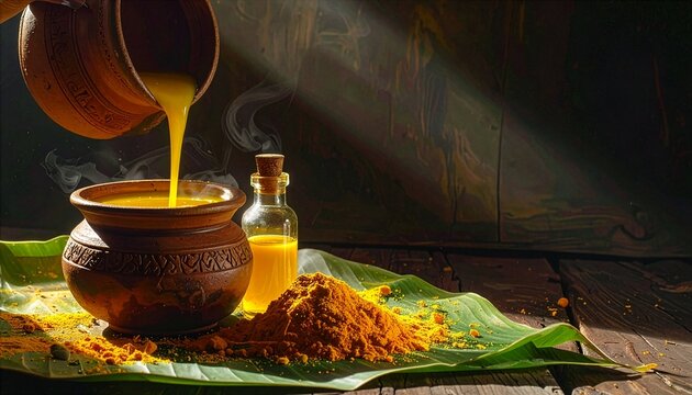 Part of Nusantara Harvest, Traditional Indonesian turmeric jamu being poured from clay pot into bottle