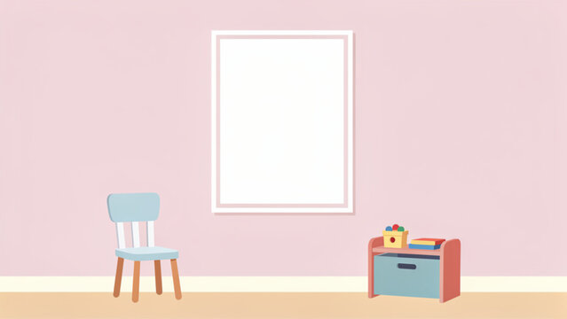 Minimalist nursery room with pastel pink wall white window blue chair colorful toy storage bin