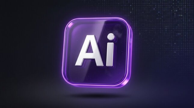 AI Logo on Glass: A stylized AI logo emblem, glowing with a purple hue, is rendered in glass material on a dark, speckled background, representing artificial intelligence and technology.