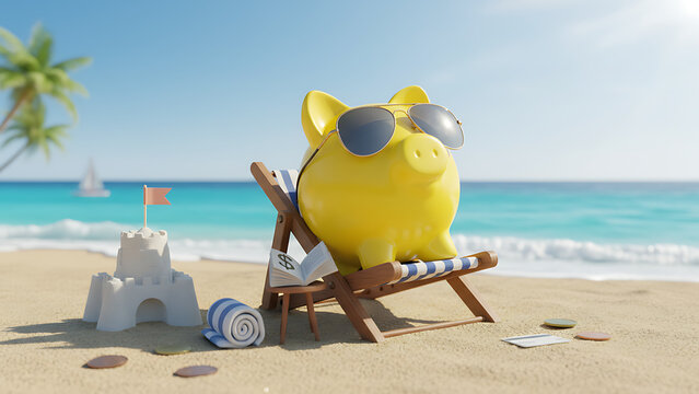 Cheerful yellow piggy bank wearing black sunglasses relaxes on a miniature beach chair under the sun, symbolizing summer vacation savings, financial security, and retirement planning concepts.