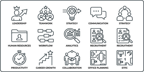 Fototapeta premium Business Management and Human Resources Line Icon Set Featuring Corporate Leadership Teamwork Strategy Analytics Career Growth Workflow Planning and Collaboration Symbols for Web Designs
