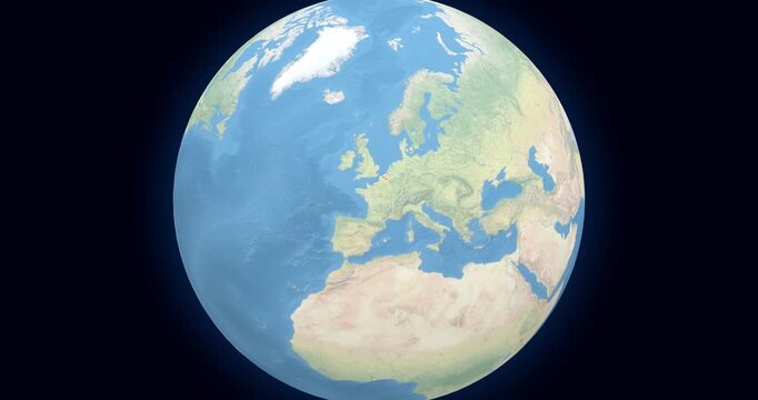 France on Globe. Zoom into the country with Earth spinning on dark background. Physical world map with France and label on it. Country view animation.
