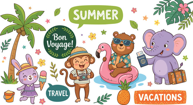 Cute Cartoon Summer Travel Animals Vector Collection Featuring Elephant Bear Monkey Rabbit Palm Tree and Tropical Vacation Elements for Kids Graphic Designs